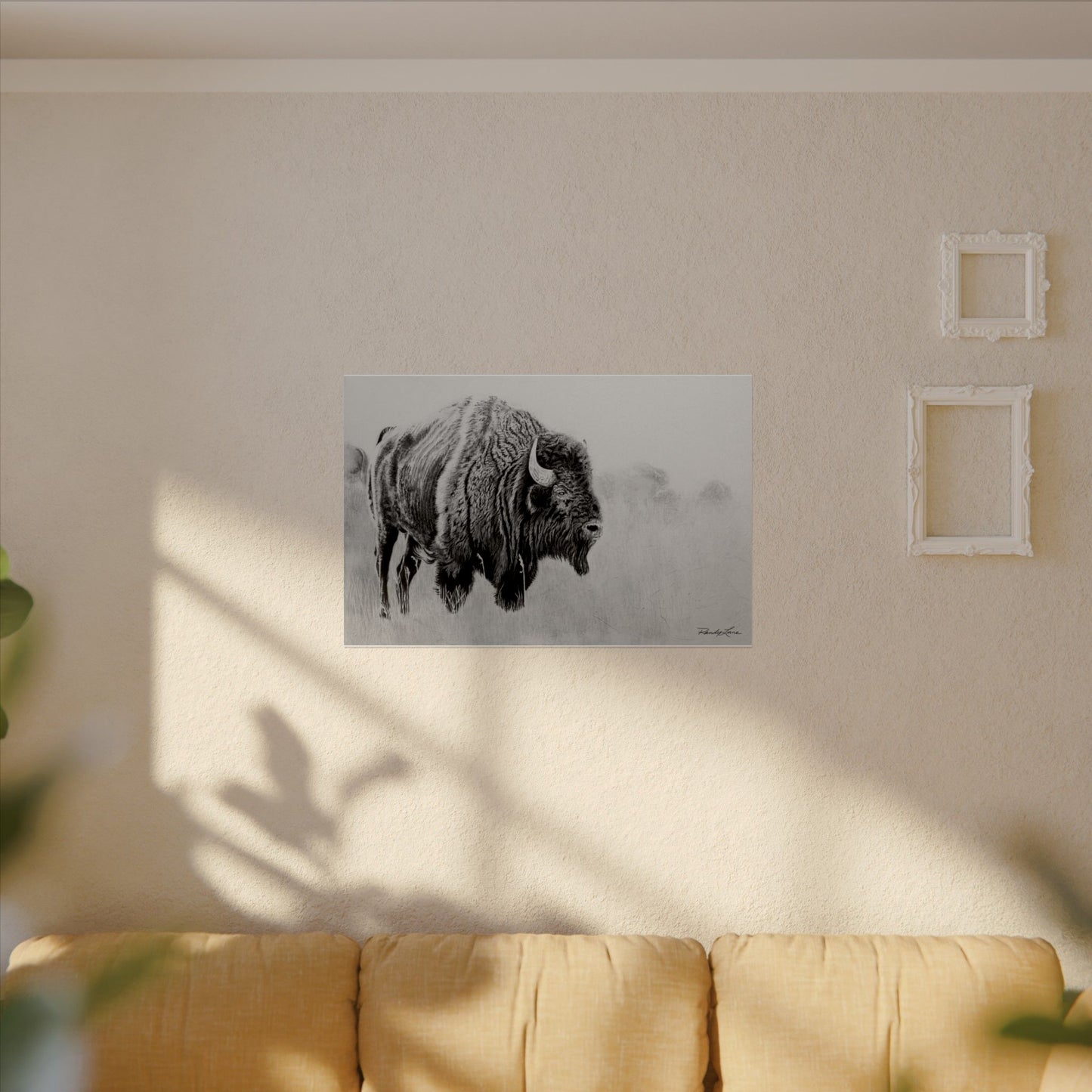 Prairie Bison, Bison Painting Matte Print – Textured Black & White Wildlife Art Print