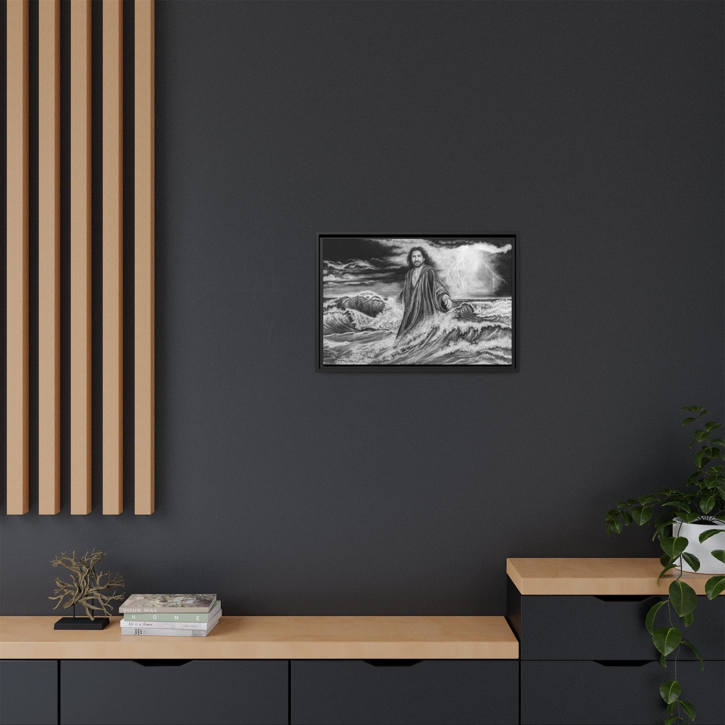 View from the Boat, Jesus Walking on Water Painting Framed Matte Canvas — Religious Wall Art