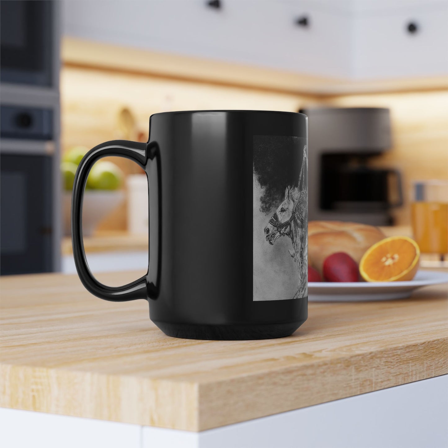 Big Grey, Rodeo Bareback Bronc Painting Black Mug — Western Bucking Bronco Coffee Cup (11oz/15oz)