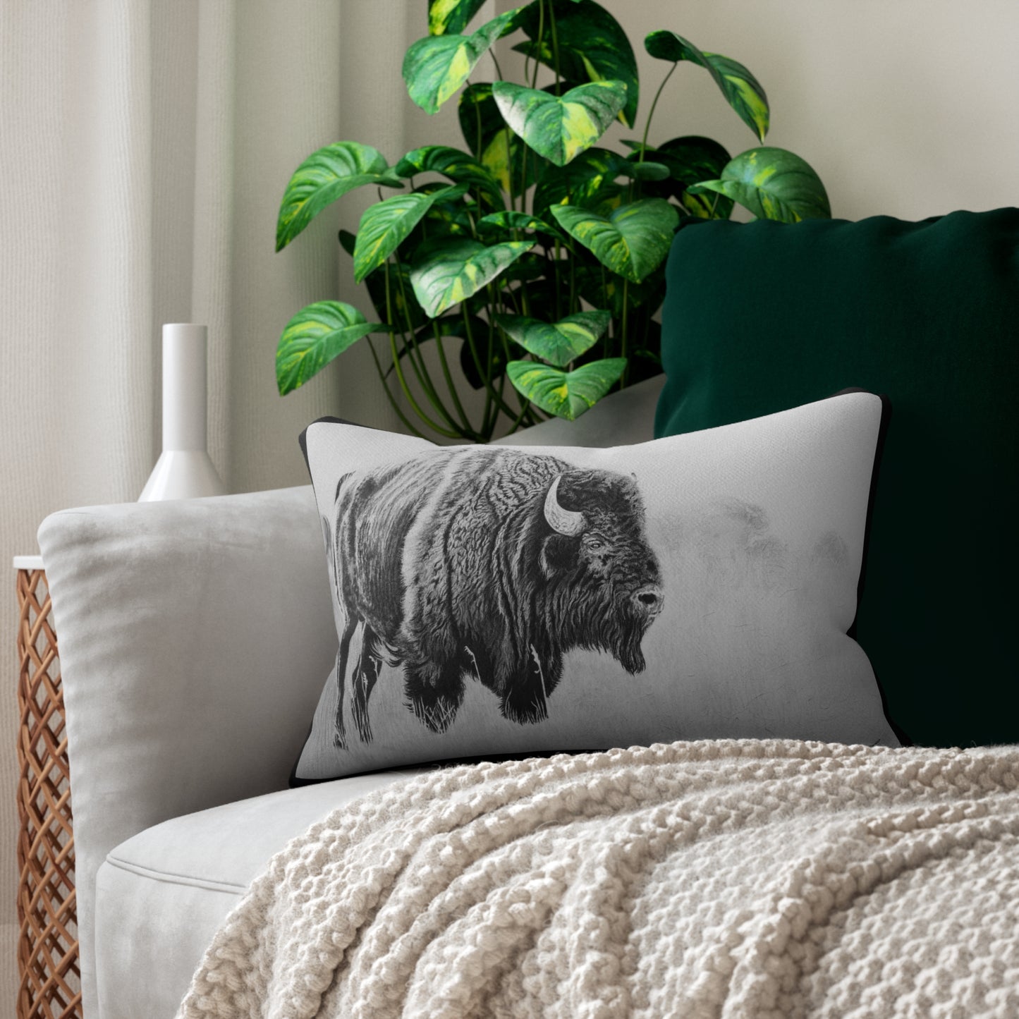 Prairie Bison, Bison Painting Lumbar Pillow — Rustic Black & White Bison Accent Pillow