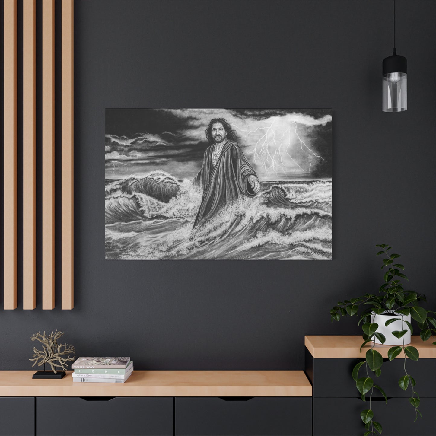 View from the Boat, Jesus Walking on Water Painting, Matte Stretched Canvas Wall Art