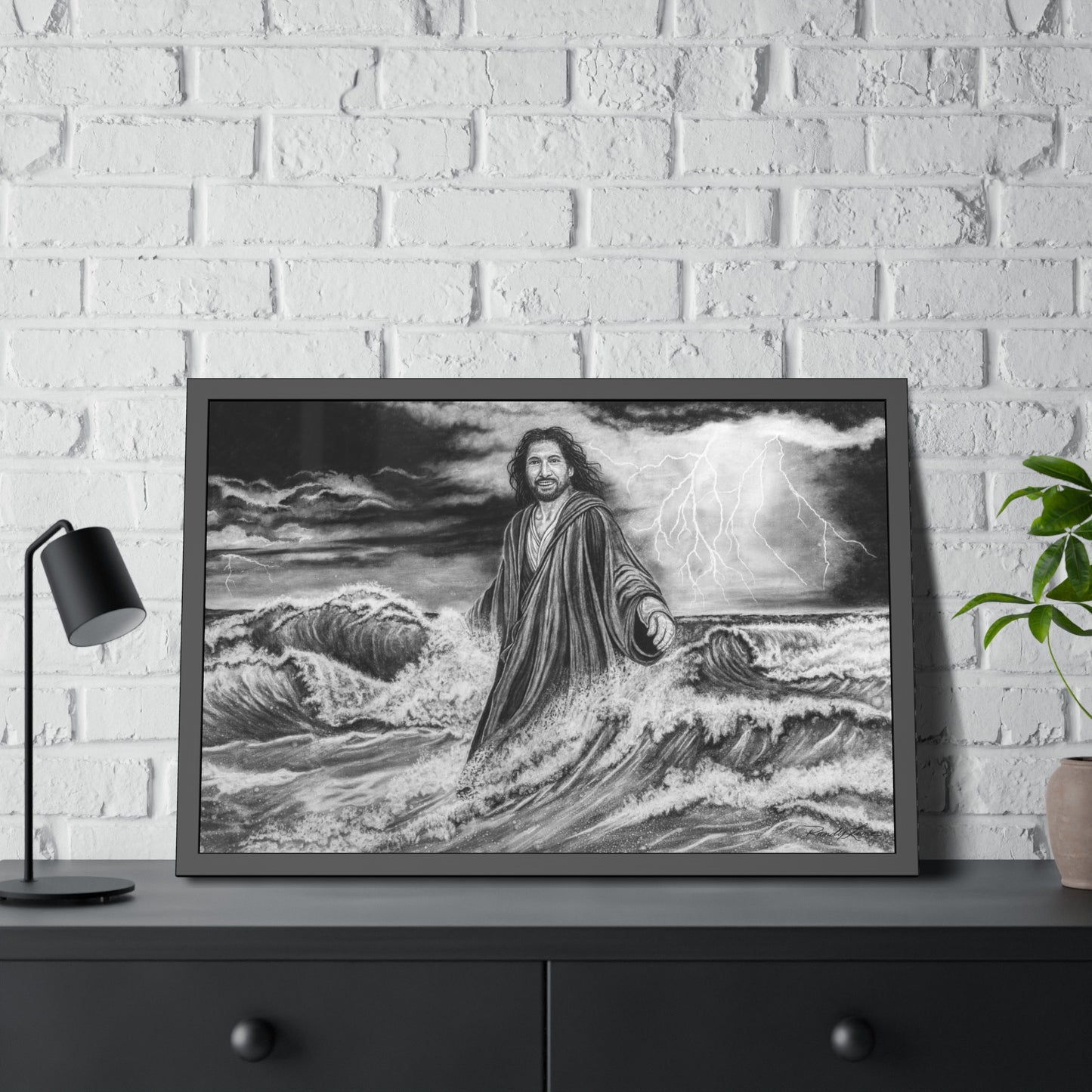 View from the Boat, Jesus Walking on Water Painting, Framed Fine Art Print, Black & White Religious Wall Art
