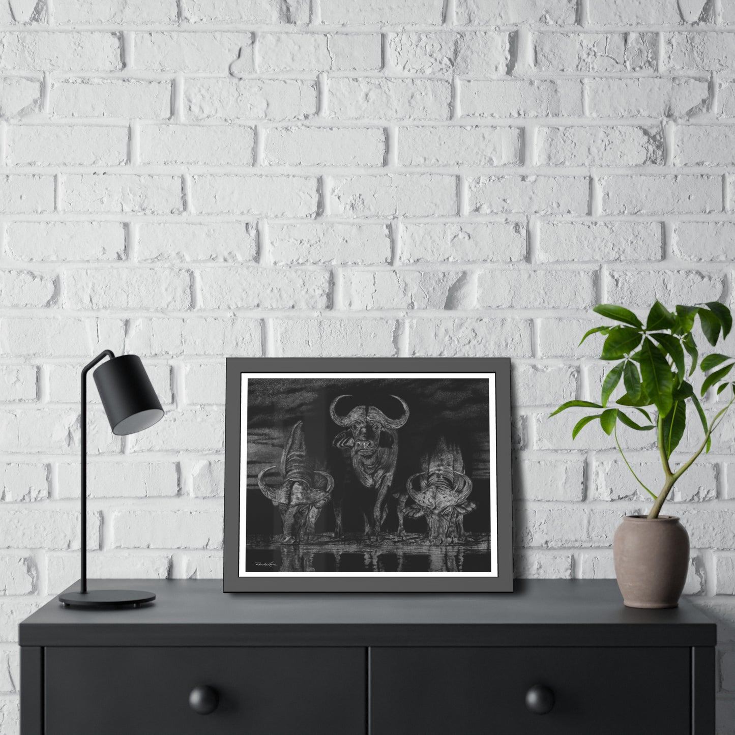 The Waterhole, Cape Buffalo Framed Fine Art Print