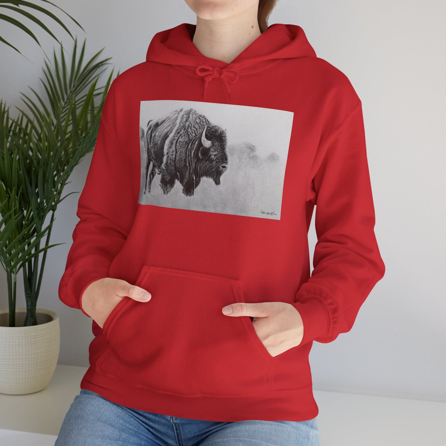 Prairie Bison, Bison Painting Hoodie — Black & White Rustic Buffalo Image Sweatshirt