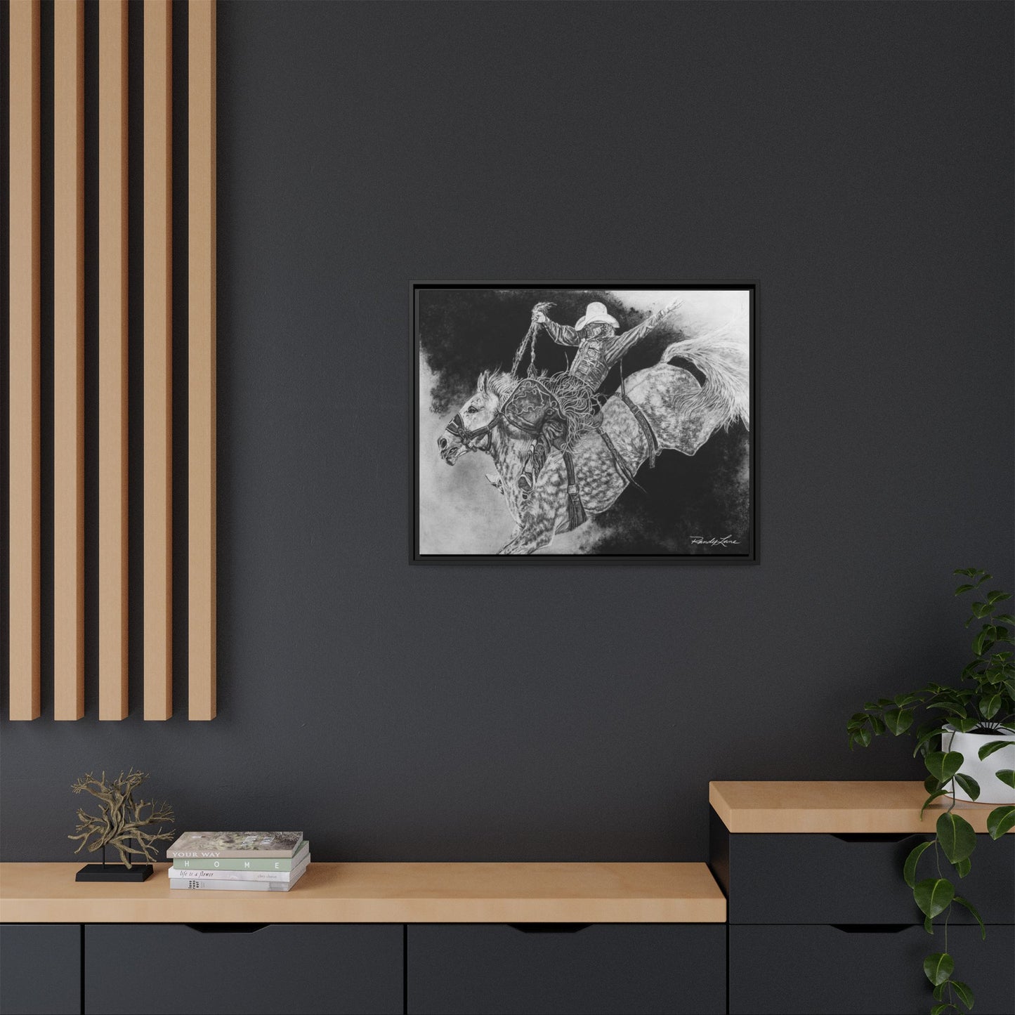 Big Grey, Rodeo Bareback Bronc Painting Framed Matte Canvas Wall Art — Bucking Bronco Cowboy Print