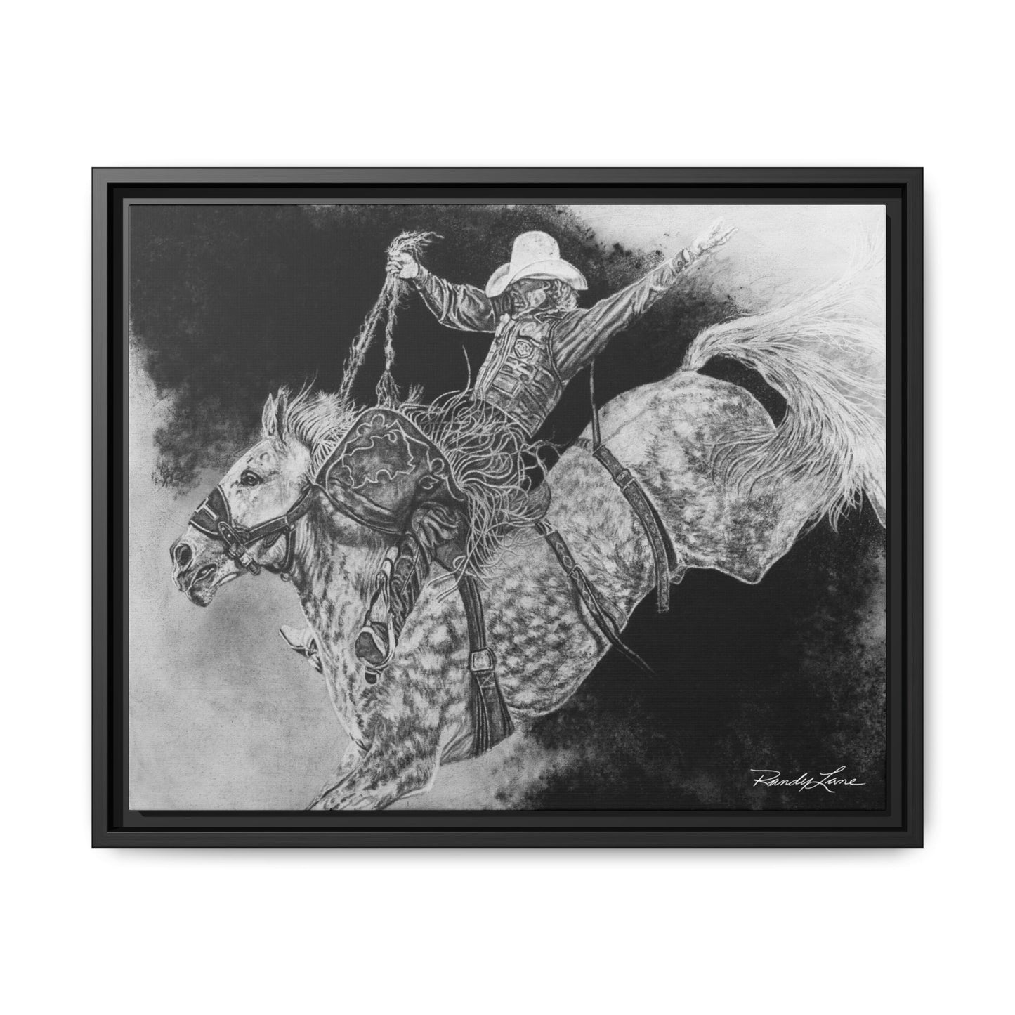 Big Grey, Rodeo Bareback Bronc Painting Framed Matte Canvas Wall Art — Bucking Bronco Cowboy Print