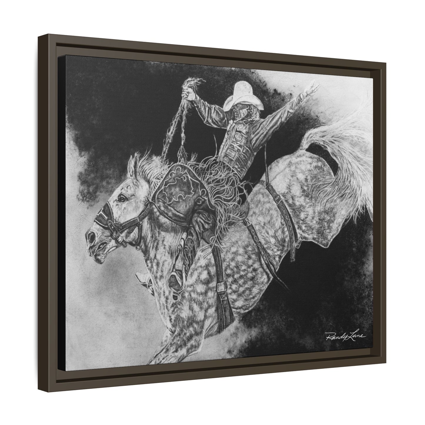Big Grey, Rodeo Bareback Bronc Painting Framed Matte Canvas Wall Art — Bucking Bronco Cowboy Print