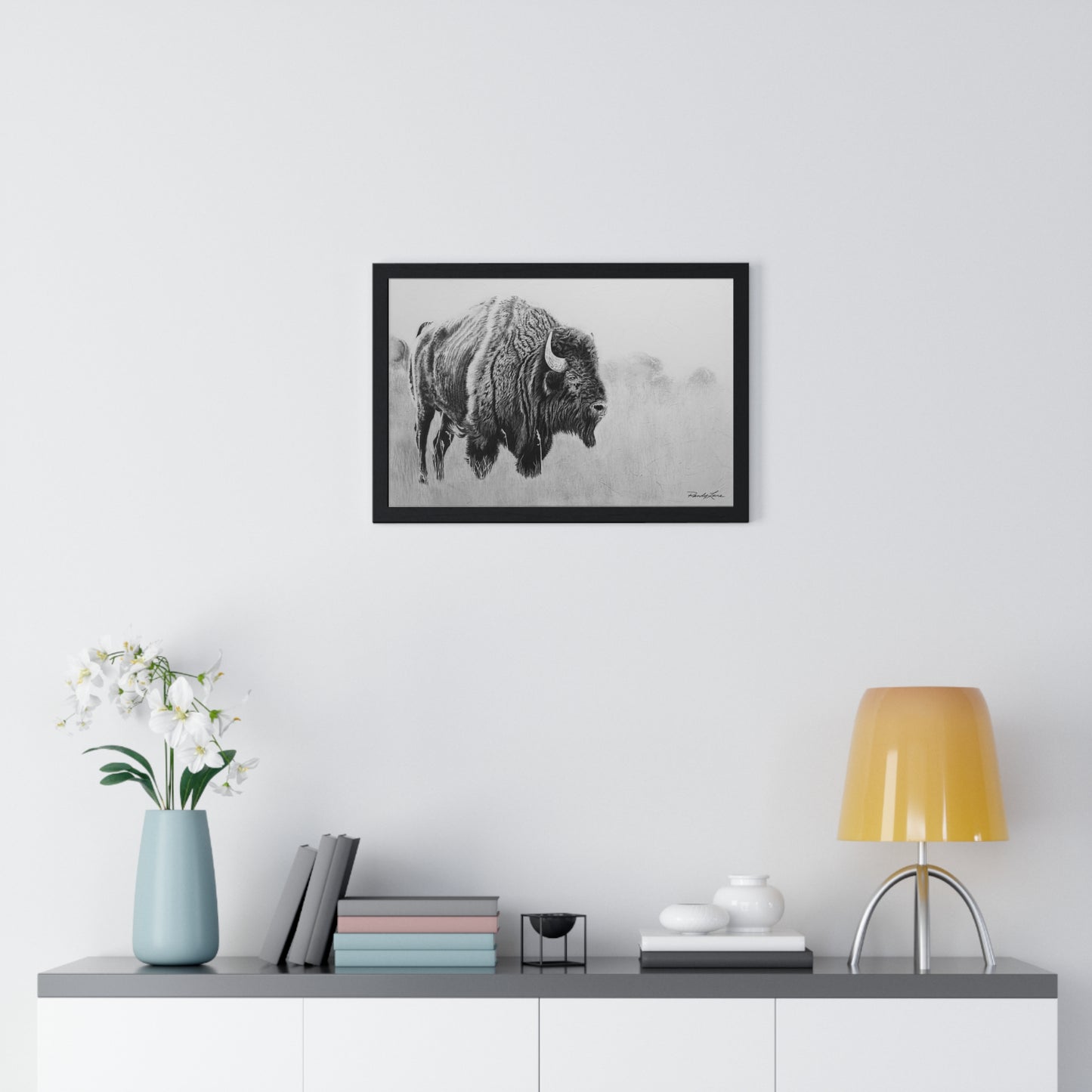 Prairie Bison, Bison Painting Framed Art Print — Black & White Wildlife Poster