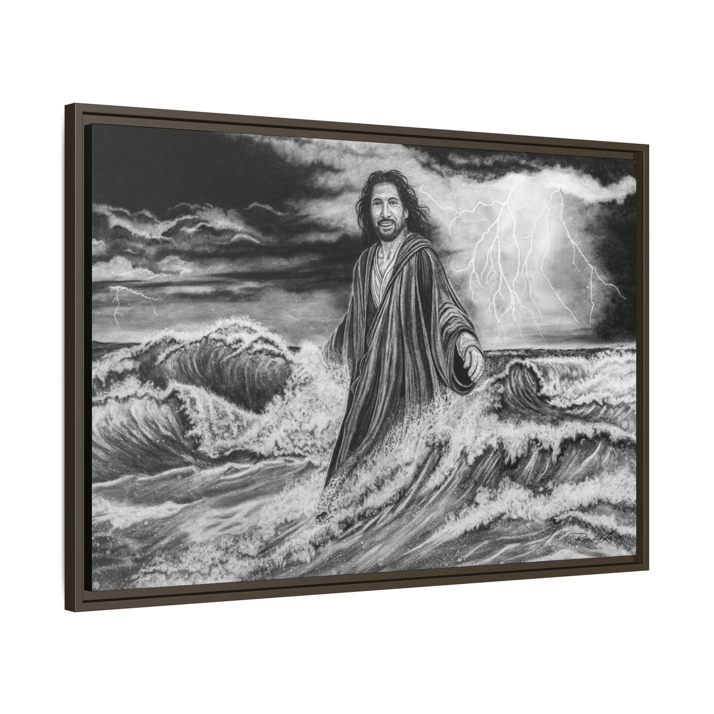 View from the Boat, Jesus Walking on Water Painting Framed Matte Canvas — Religious Wall Art