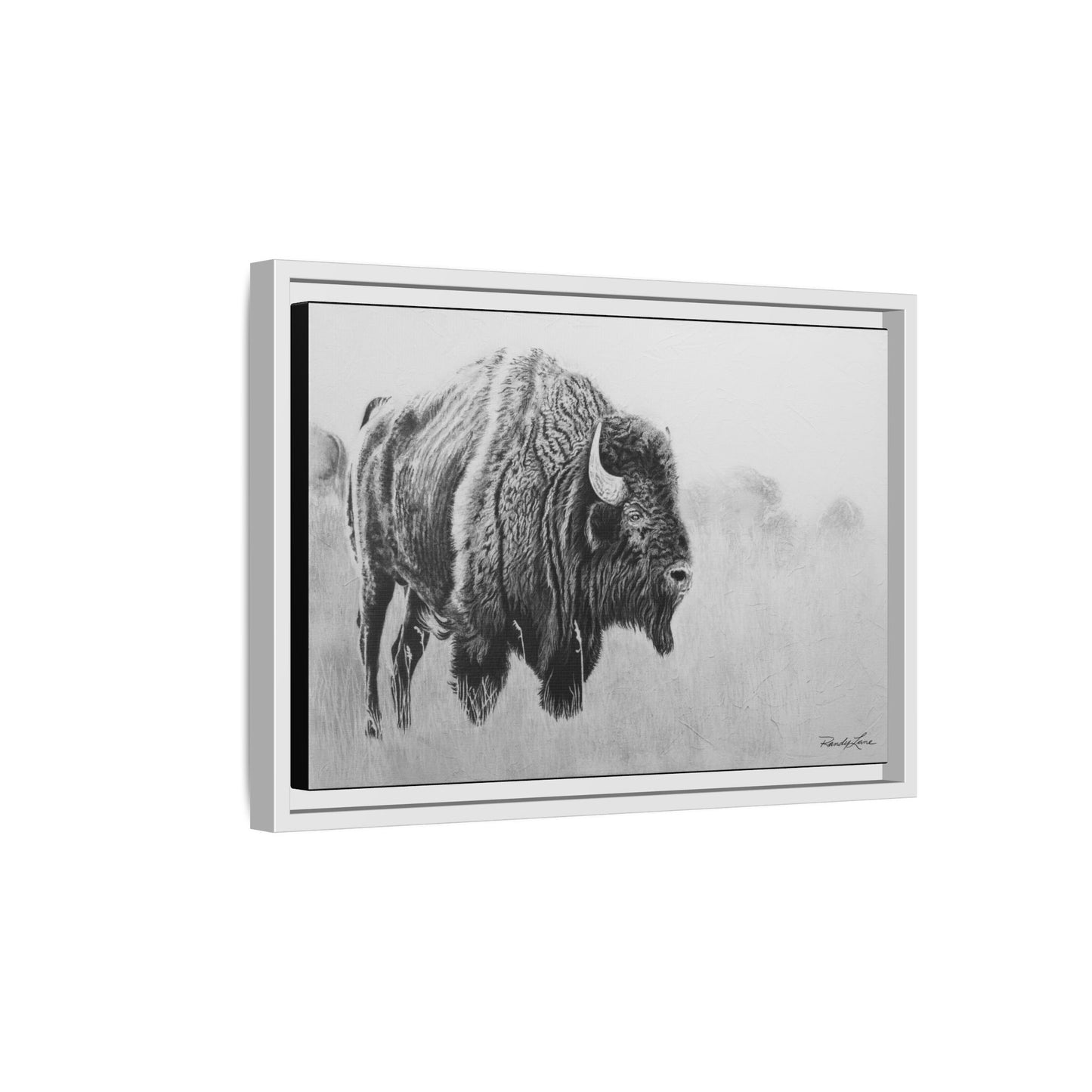 Prairie Bison, Bison Painting Framed Matte Canvas Print — Black & White Wildlife Wall Art