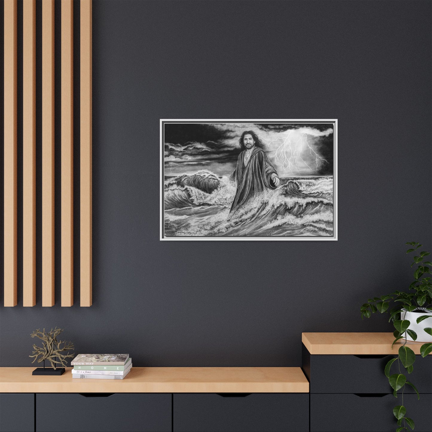View from the Boat, Jesus Walking on Water Painting Framed Matte Canvas — Religious Wall Art