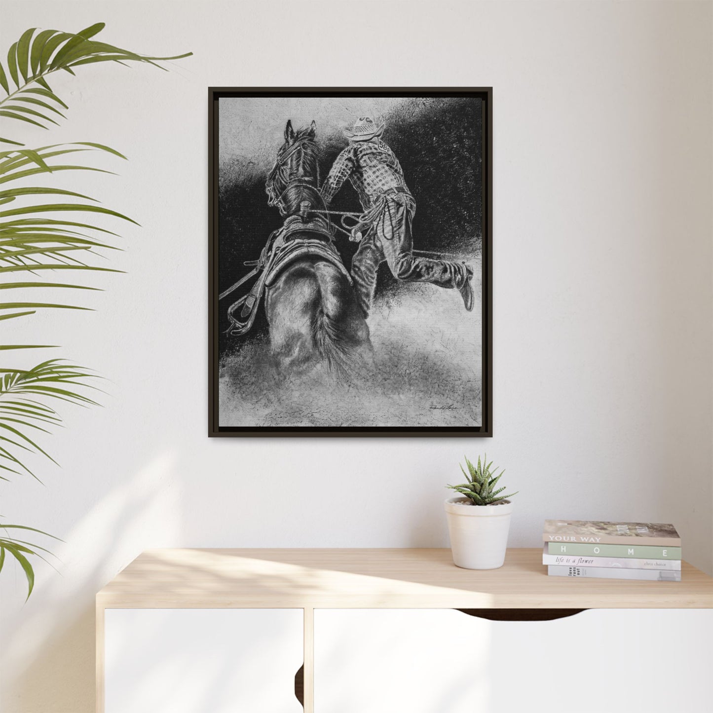 The Dismount. Steer Roper Framed Stretched Canvas Art
