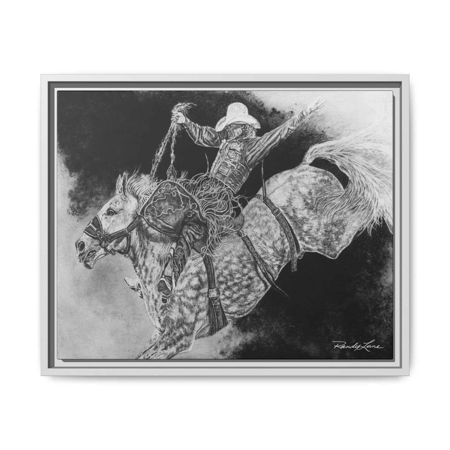 Big Grey, Rodeo Bareback Bronc Painting Framed Matte Canvas Wall Art — Bucking Bronco Cowboy Print