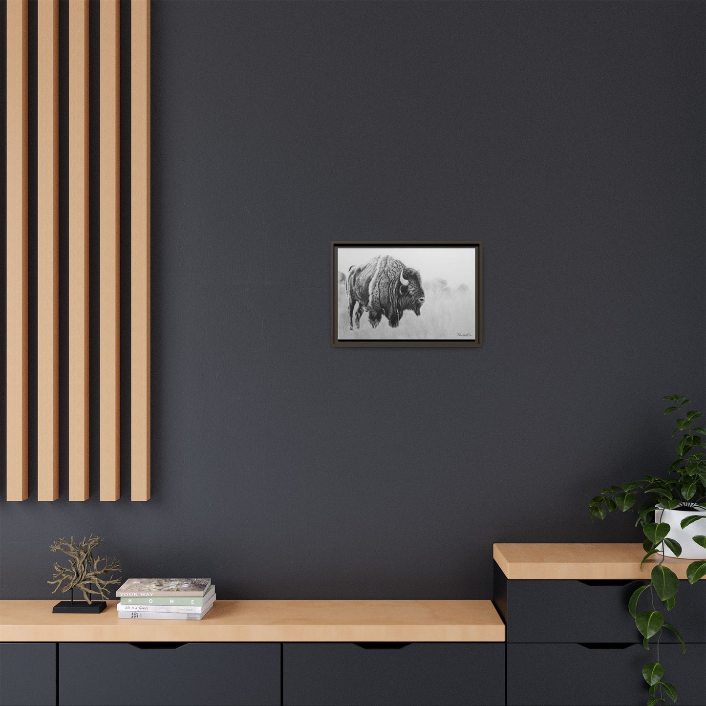 Prairie Bison, Bison Painting Framed Matte Canvas Print — Black & White Wildlife Wall Art