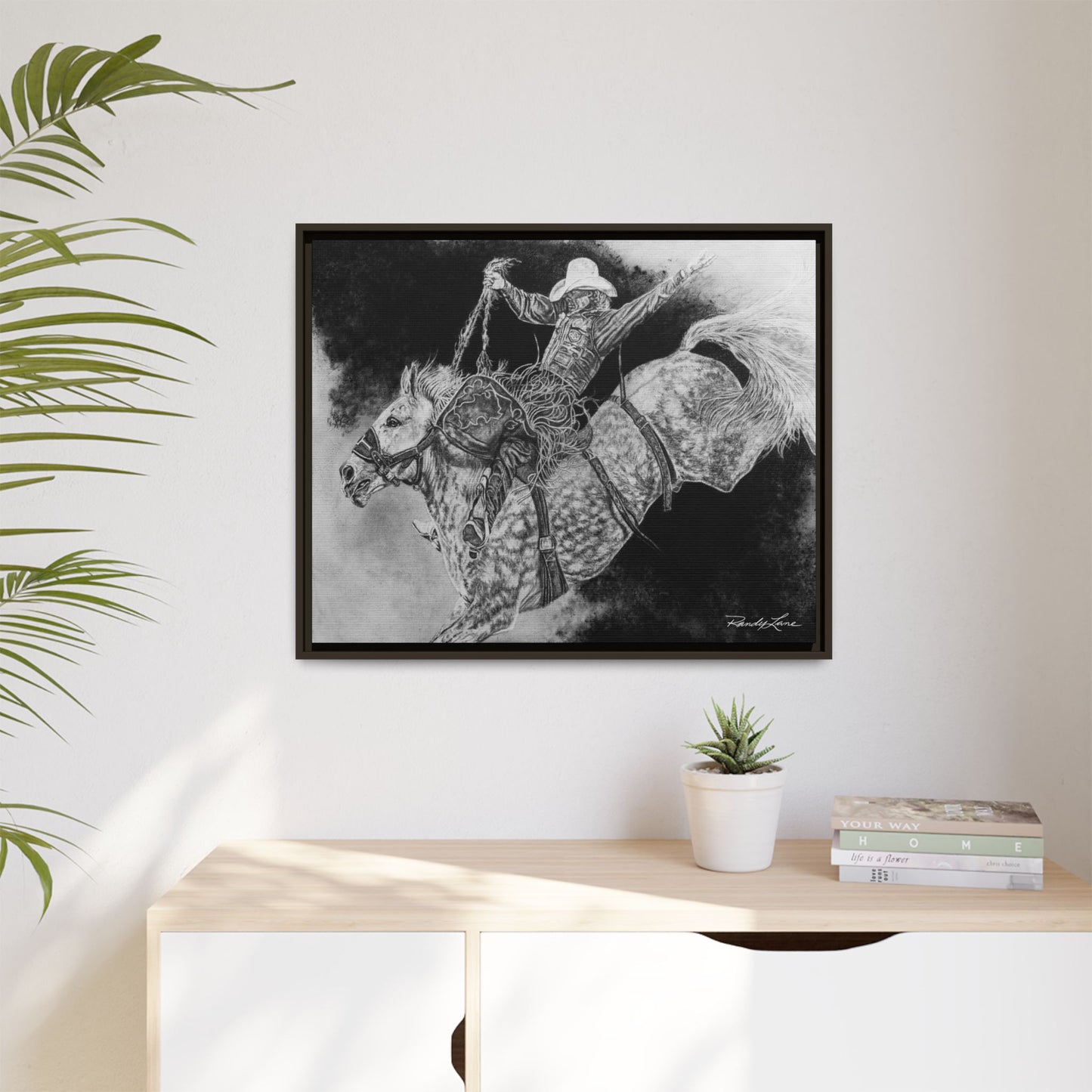 Big Grey, Rodeo Bareback Bronc Painting Framed Matte Canvas Wall Art — Bucking Bronco Cowboy Print