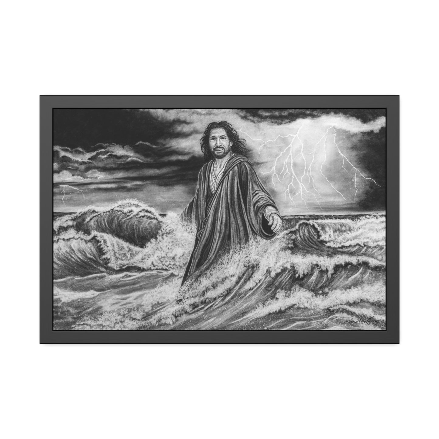 View from the Boat, Jesus Walking on Water Painting, Framed Fine Art Print, Black & White Religious Wall Art