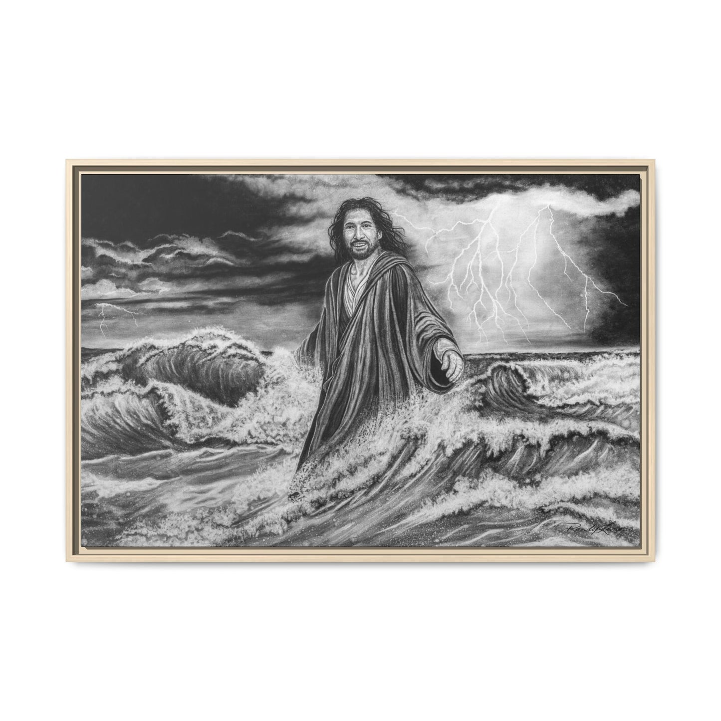 View from the Boat, Jesus Walking on Water Painting Framed Matte Canvas — Religious Wall Art