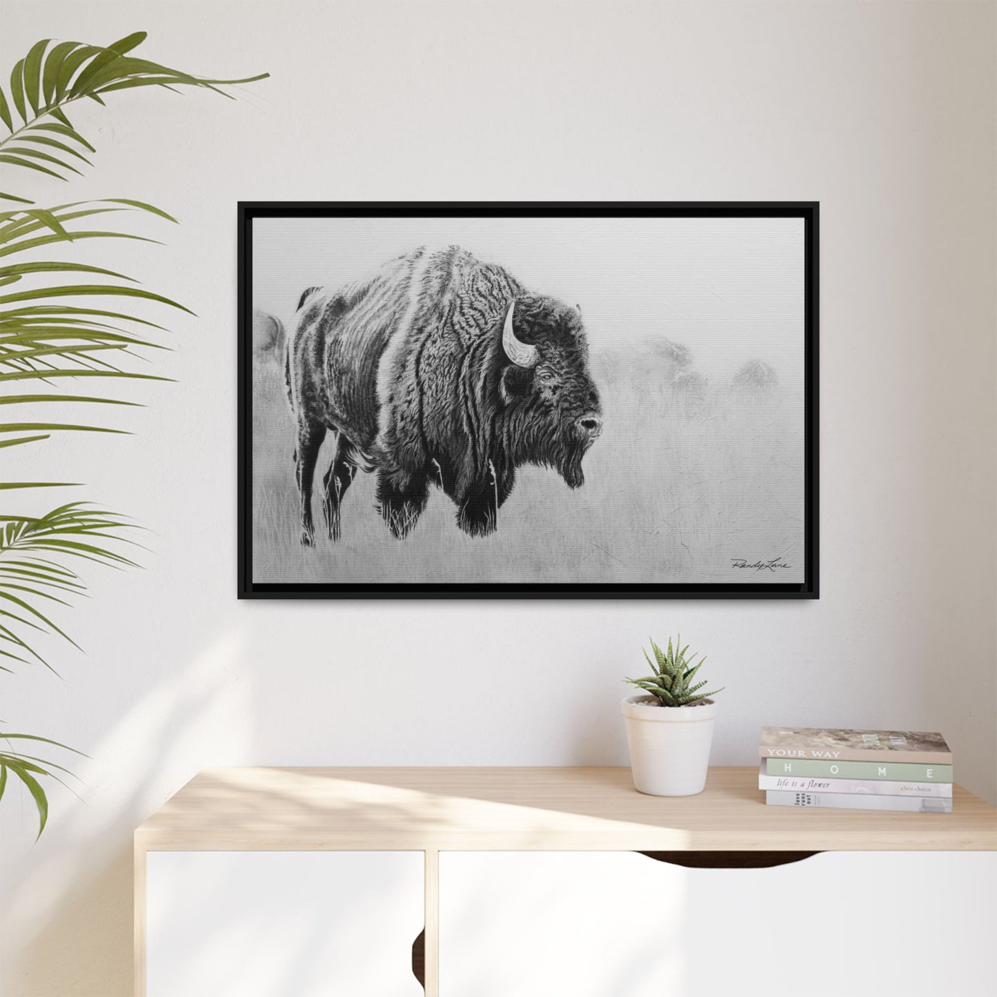 Prairie Bison, Bison Painting Framed Matte Canvas Print — Black & White Wildlife Wall Art