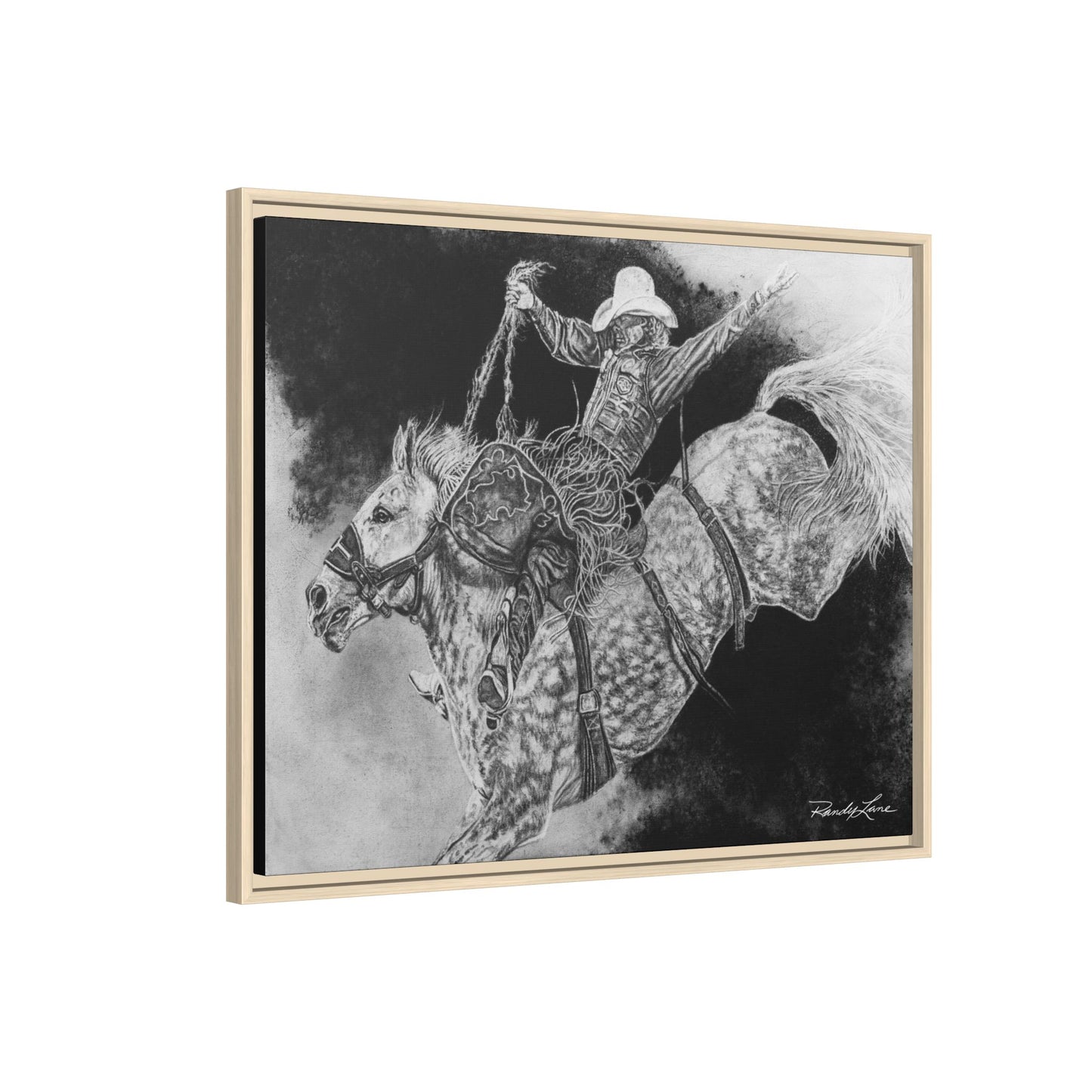 Big Grey, Rodeo Bareback Bronc Painting Framed Matte Canvas Wall Art — Bucking Bronco Cowboy Print