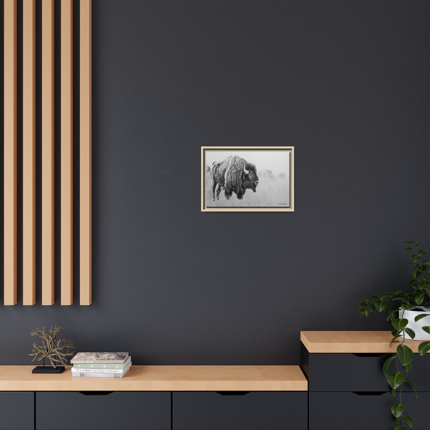 Prairie Bison, Bison Painting Framed Matte Canvas Print — Black & White Wildlife Wall Art