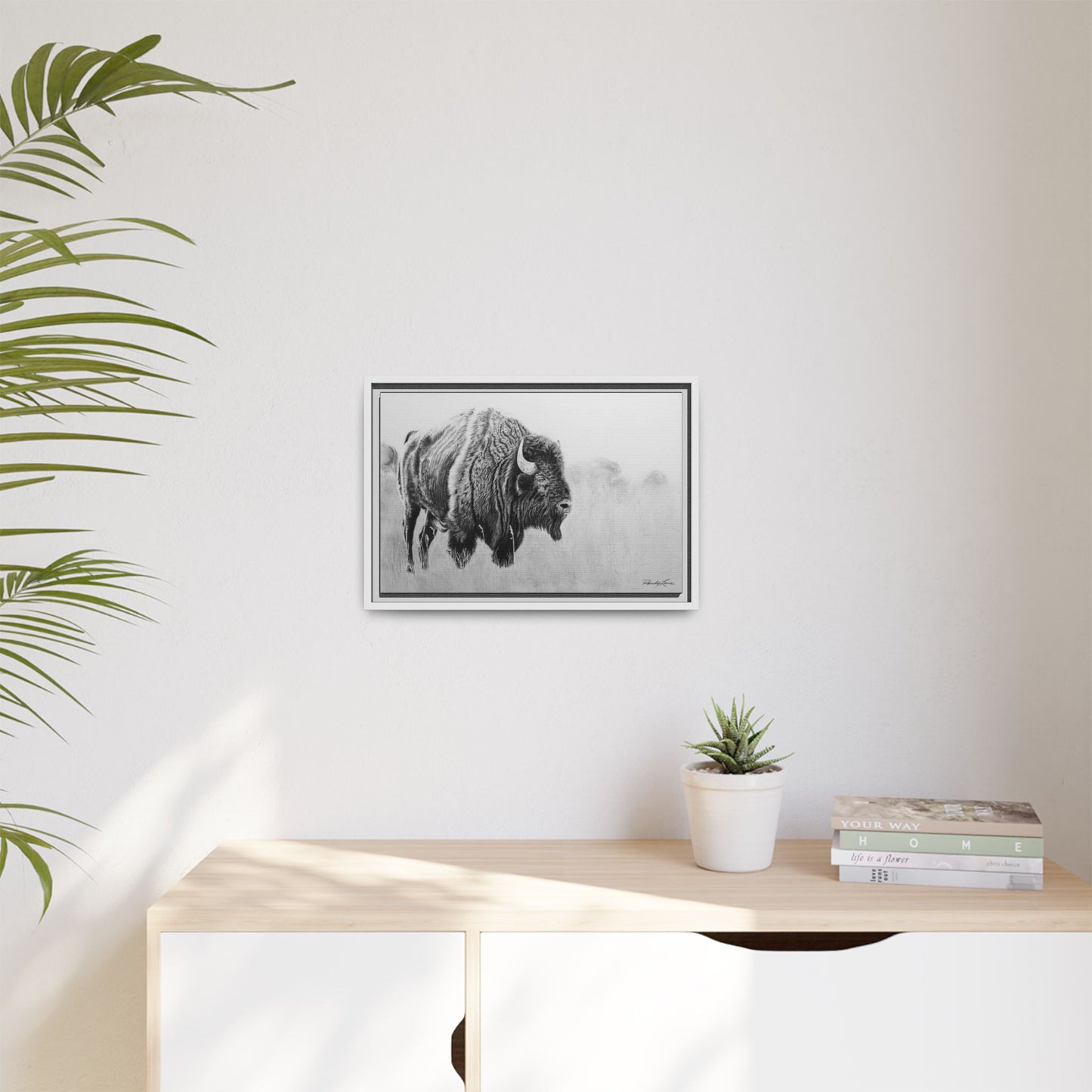 Prairie Bison, Bison Painting Framed Matte Canvas Print — Black & White Wildlife Wall Art