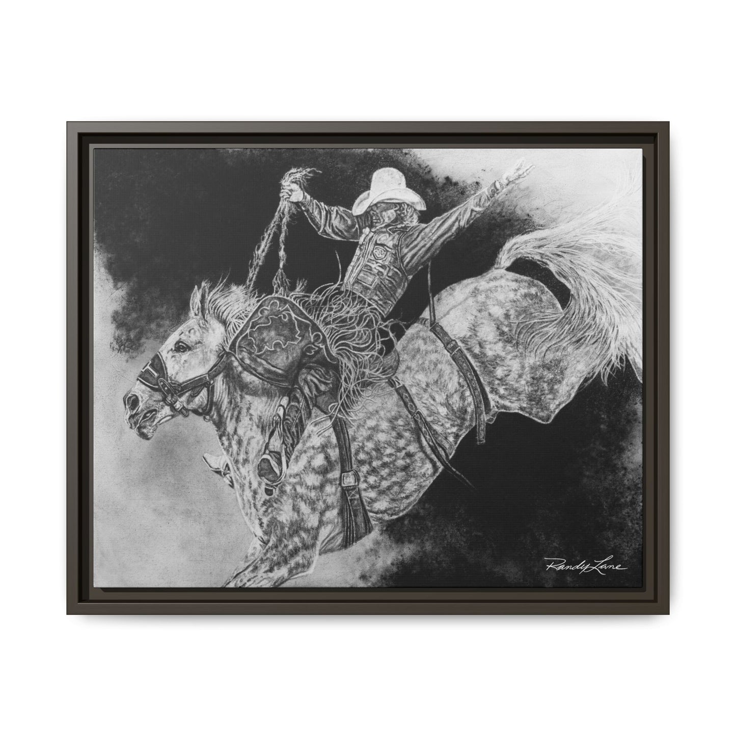 Big Grey, Rodeo Bareback Bronc Painting Framed Matte Canvas Wall Art — Bucking Bronco Cowboy Print