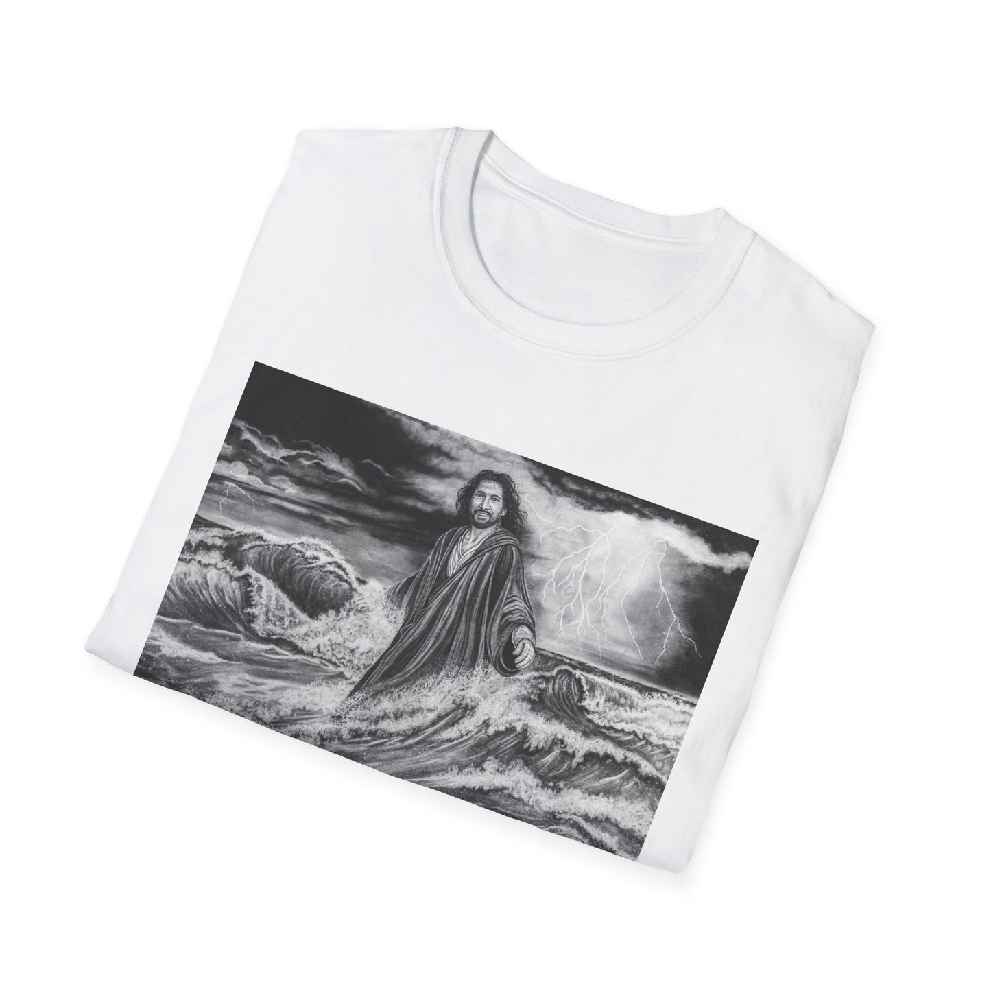 View from the Boat, Jesus Walking on Water Painting T-Shirt — Spiritual Christian Faith Tee