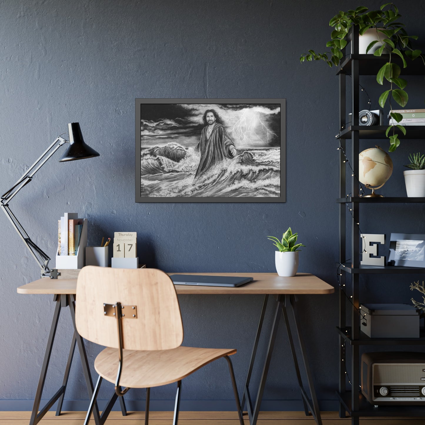 View from the Boat, Jesus Walking on Water Painting, Framed Fine Art Print, Black & White Religious Wall Art