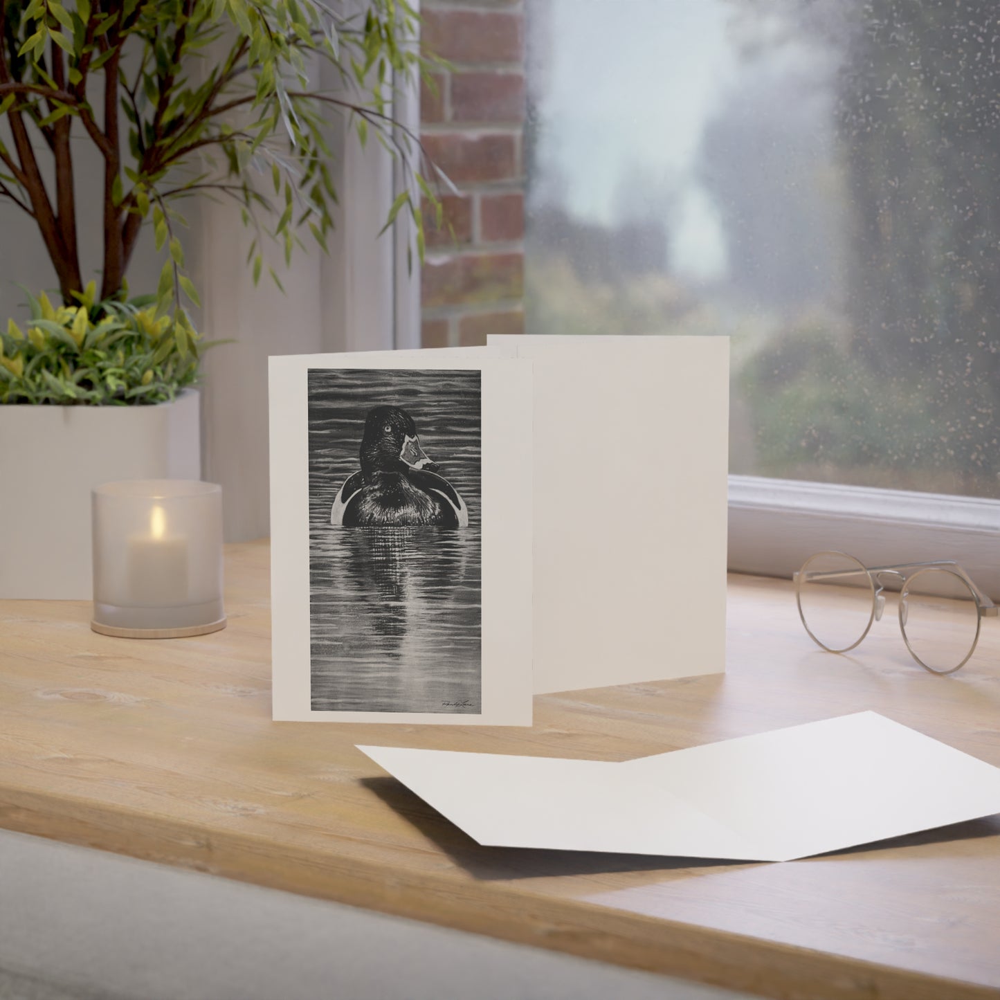 Reflection, Ring-necked Duck Greeting Cards — Black & White Waterfowl Art (Set of 1/10/30/50)