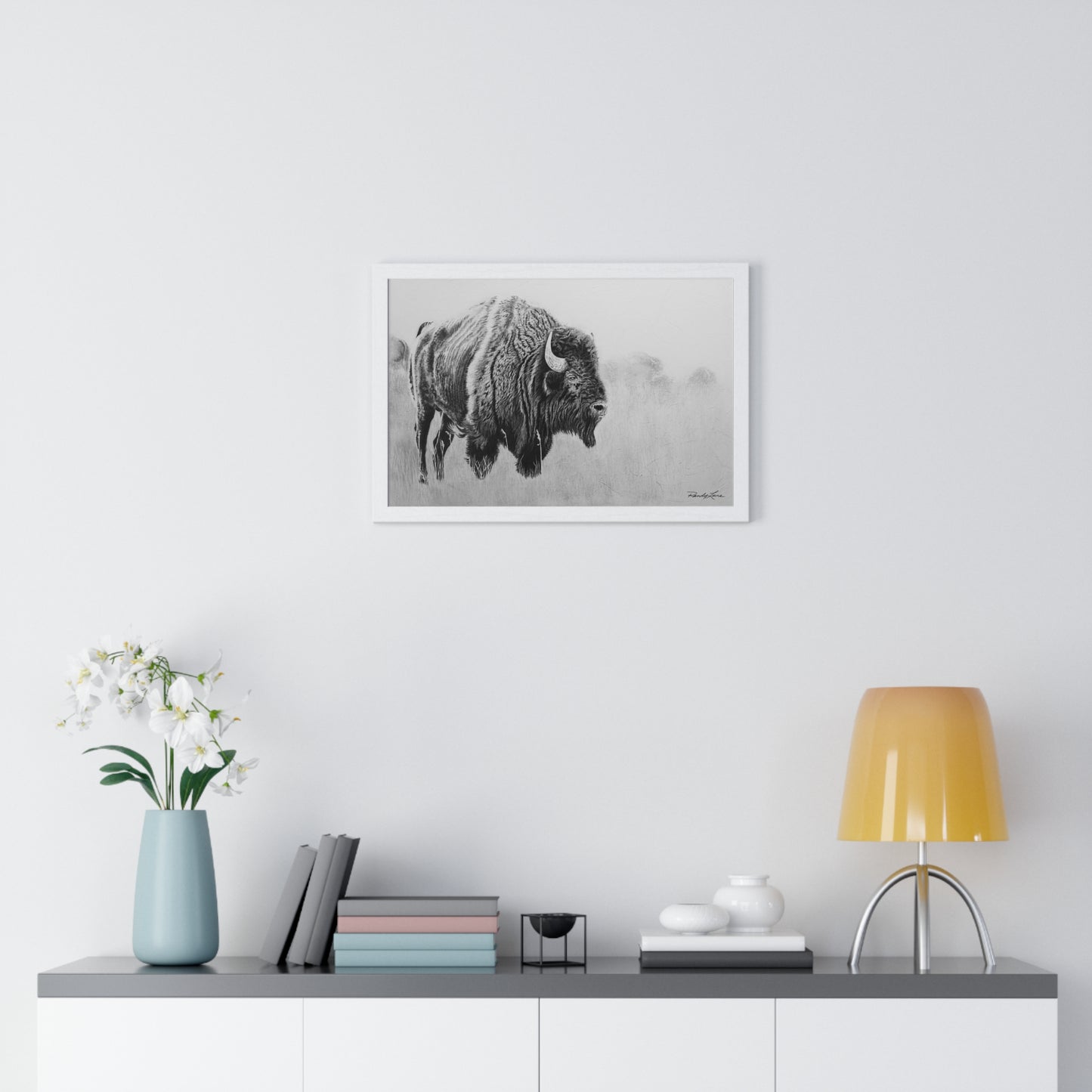 Prairie Bison, Bison Painting Framed Art Print — Black & White Wildlife Poster