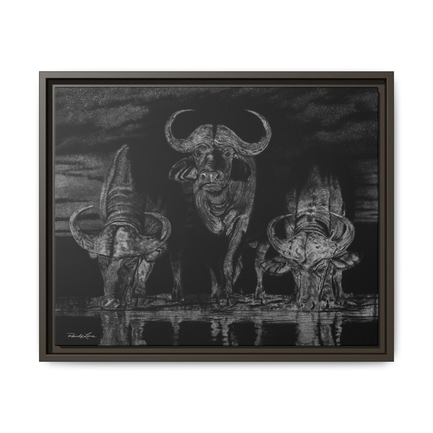 The Waterhole, Cape Buffalo Framed Canvas Wall Art
