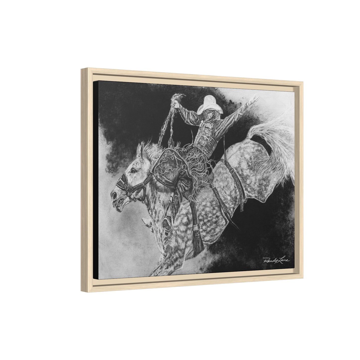 Big Grey, Rodeo Bareback Bronc Painting Framed Matte Canvas Wall Art — Bucking Bronco Cowboy Print