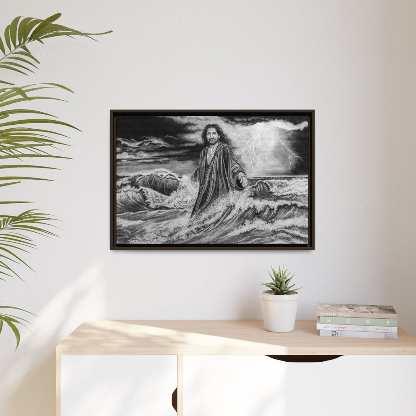 View from the Boat, Jesus Walking on Water Painting Framed Matte Canvas — Religious Wall Art