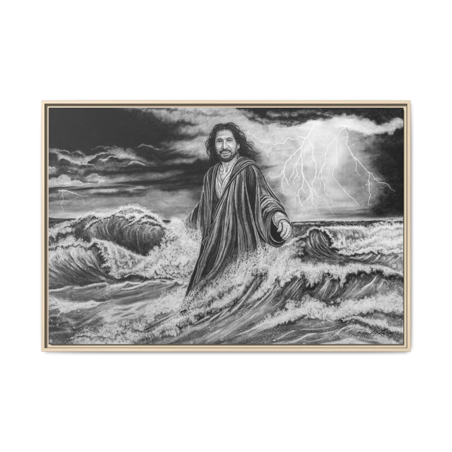 View from the Boat, Jesus Walking on Water Painting Framed Matte Canvas — Religious Wall Art