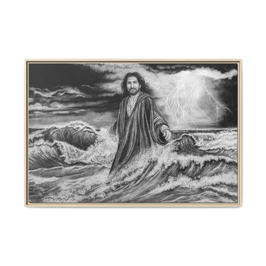 View from the Boat, Jesus Walking on Water Painting Framed Matte Canvas — Religious Wall Art
