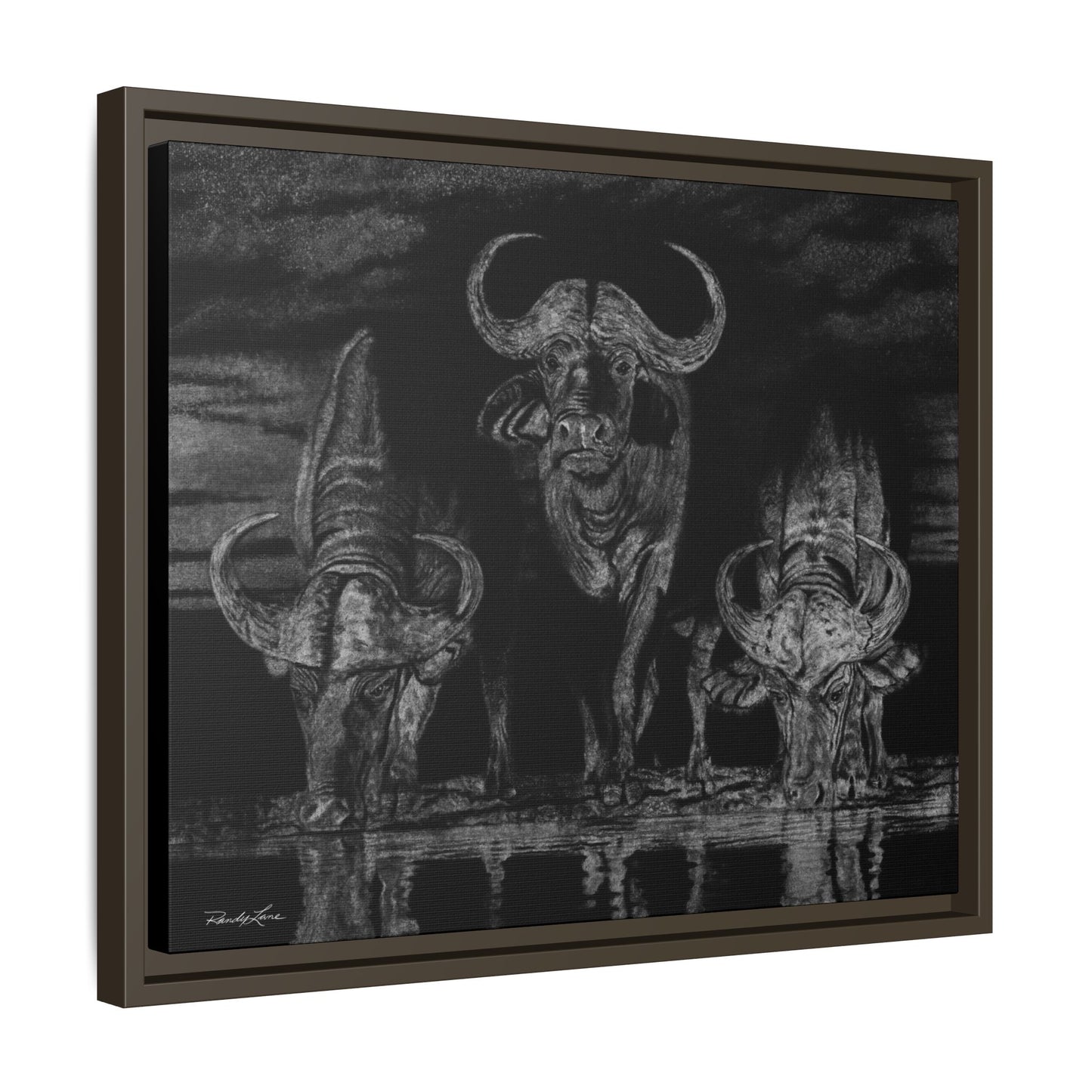 The Waterhole, Cape Buffalo Framed Canvas Wall Art