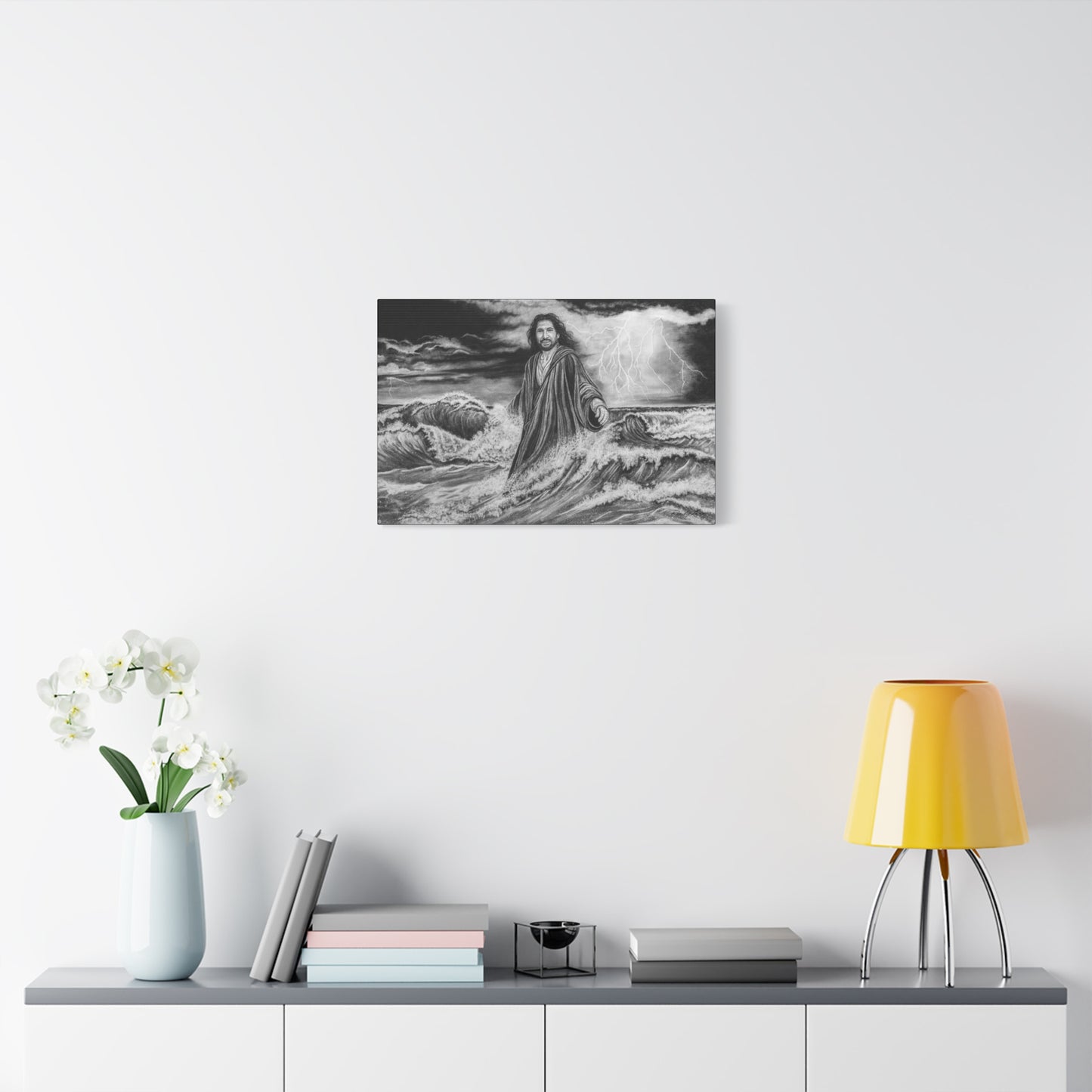 View from the Boat, Jesus Walking on Water Painting, Matte Stretched Canvas Wall Art
