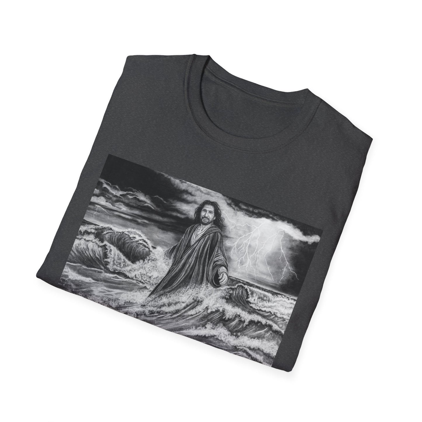 View from the Boat, Jesus Walking on Water Painting T-Shirt — Spiritual Christian Faith Tee