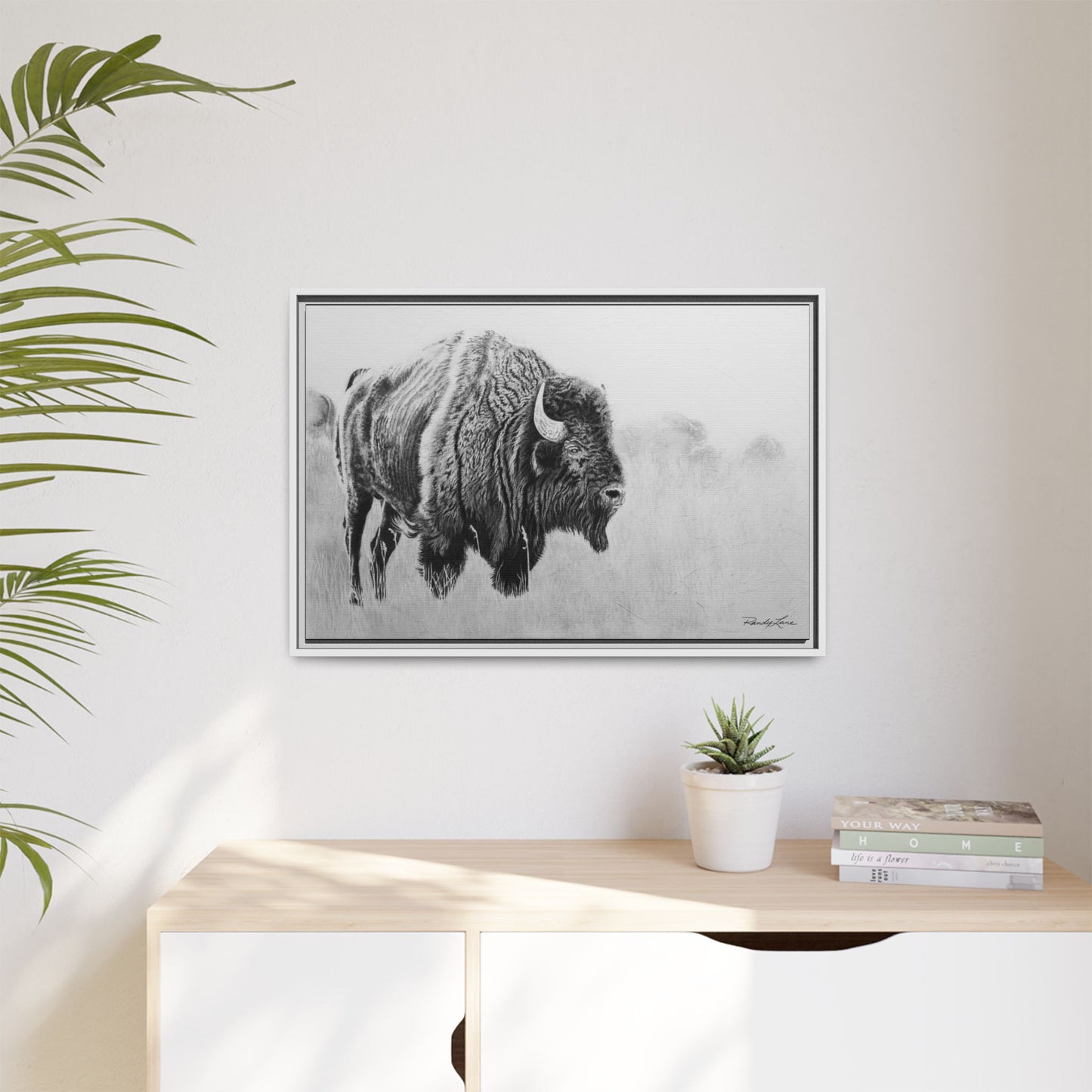 Prairie Bison, Bison Painting Framed Matte Canvas Print — Black & White Wildlife Wall Art
