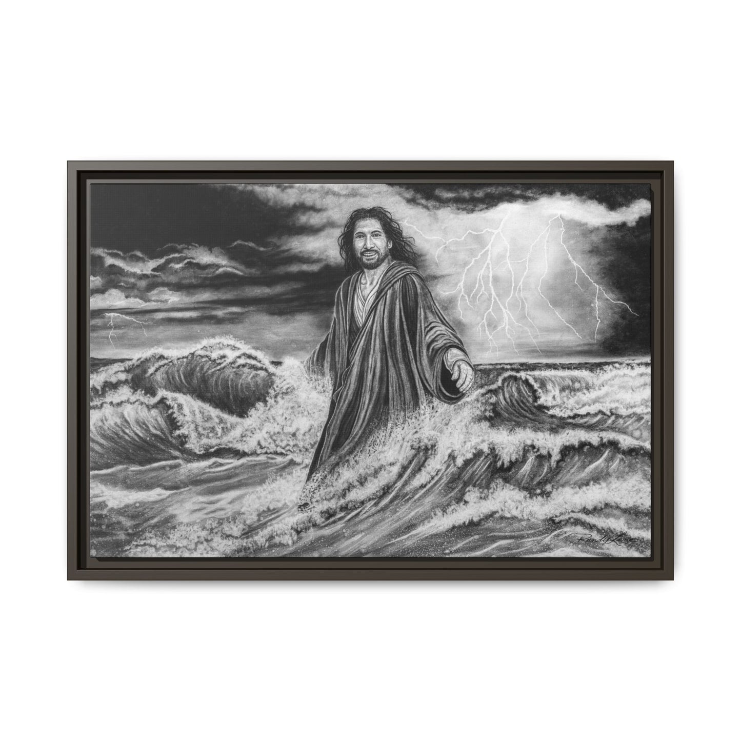 View from the Boat, Jesus Walking on Water Painting Framed Matte Canvas — Religious Wall Art