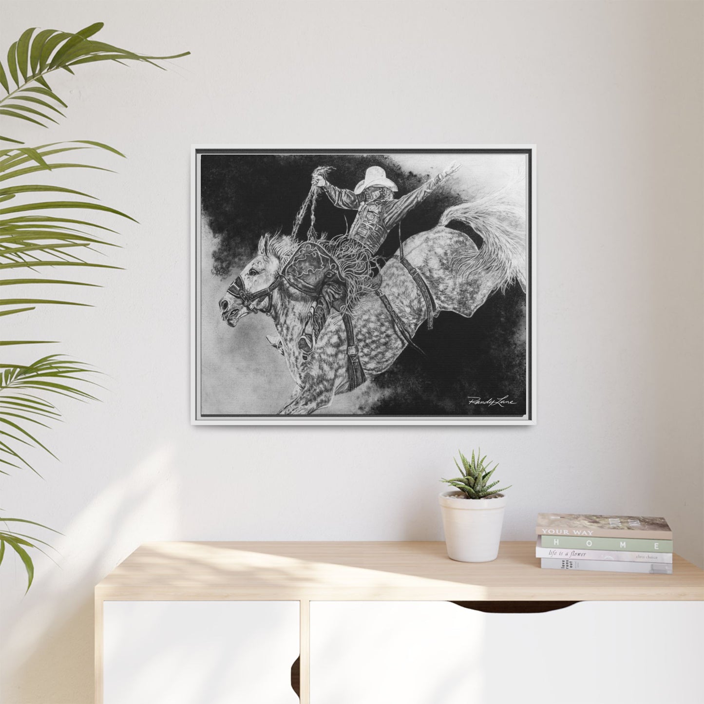 Big Grey, Rodeo Bareback Bronc Painting Framed Matte Canvas Wall Art — Bucking Bronco Cowboy Print