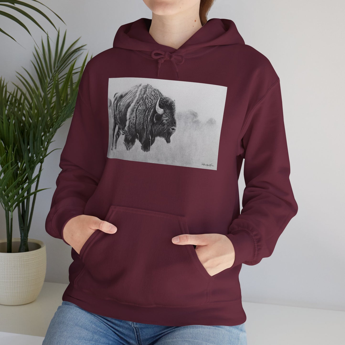 Prairie Bison, Bison Painting Hoodie — Black & White Rustic Buffalo Image Sweatshirt