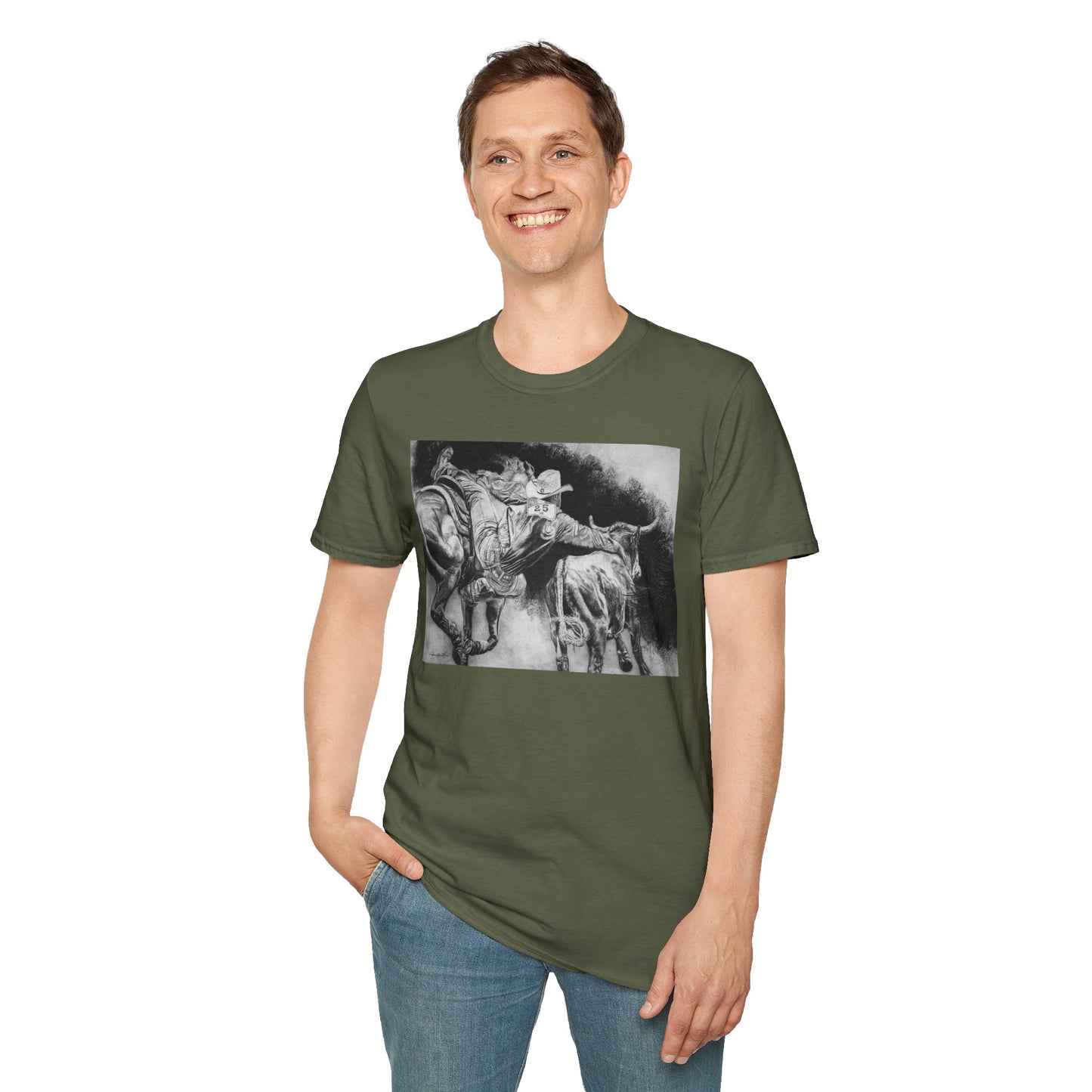 Contact. Cowboy Bulldogger Rodeo Art Unisex Softstyle T-Shirt