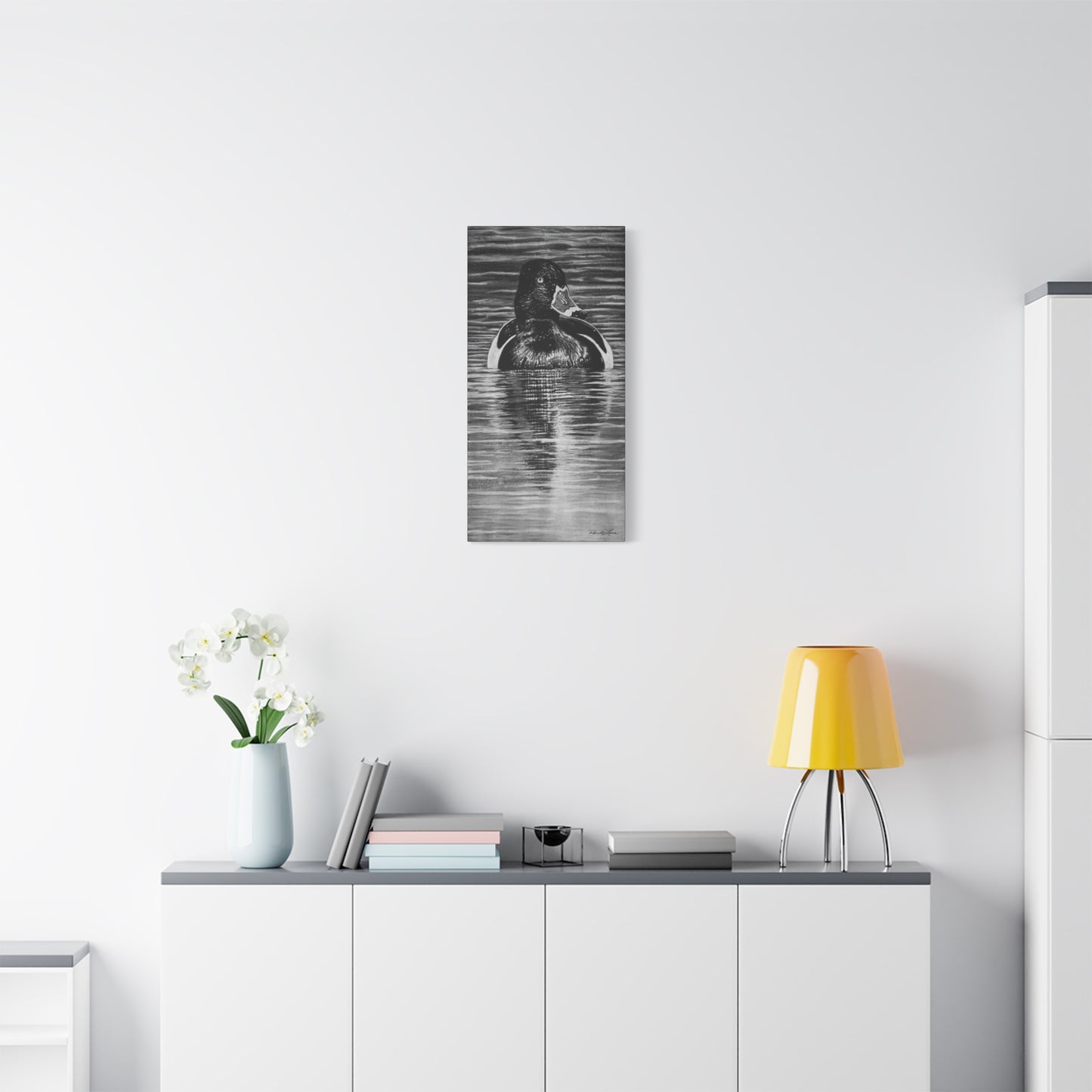 Reflection, Ring necked Duck Painting, Stretched Matte Canvas
