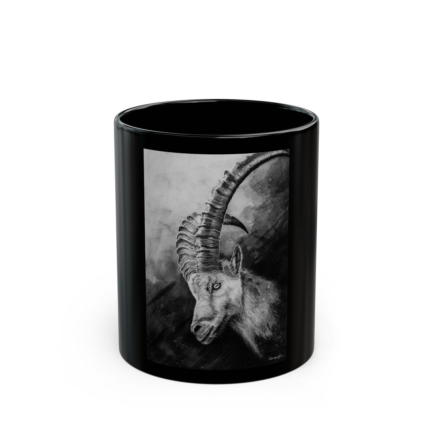 Apex, Handcrafted Black Mug with Alpine Mountain Goat Design