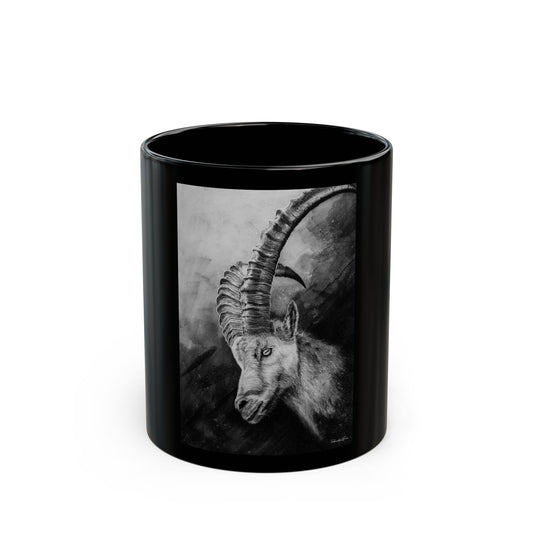 Apex, Handcrafted Black Mug with Alpine Mountain Goat Design
