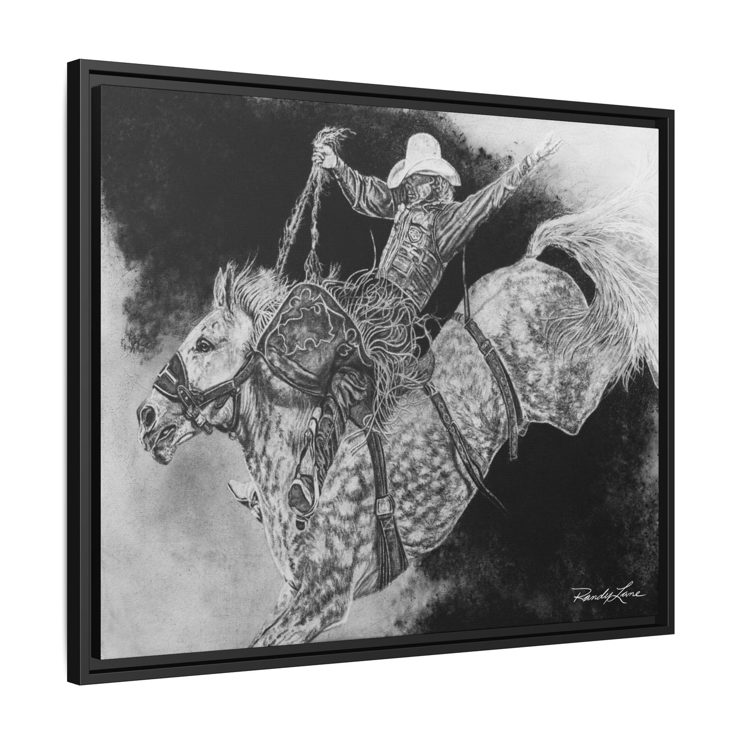 Big Grey, Rodeo Bareback Bronc Painting Framed Matte Canvas Wall Art — Bucking Bronco Cowboy Print