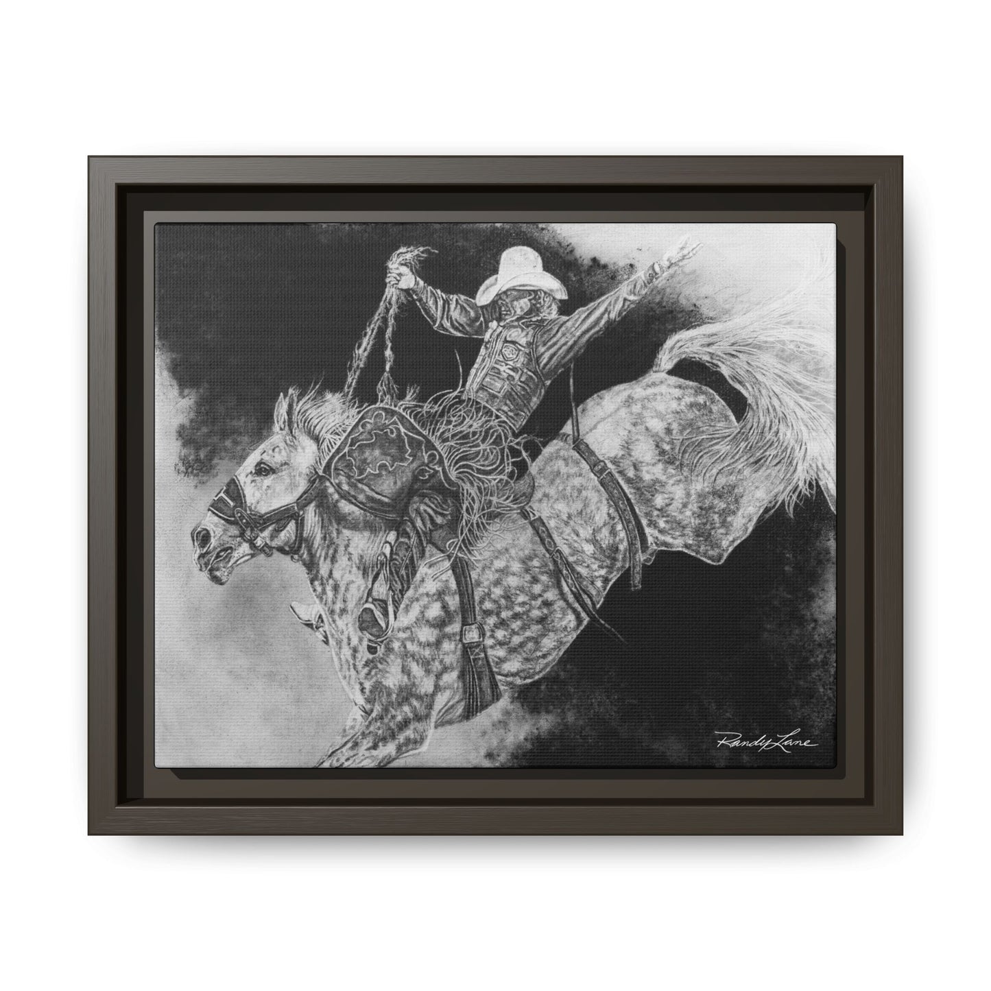 Big Grey, Rodeo Bareback Bronc Painting Framed Matte Canvas Wall Art — Bucking Bronco Cowboy Print