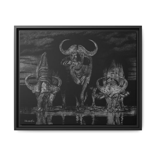 The Waterhole, Cape Buffalo Framed Canvas Wall Art