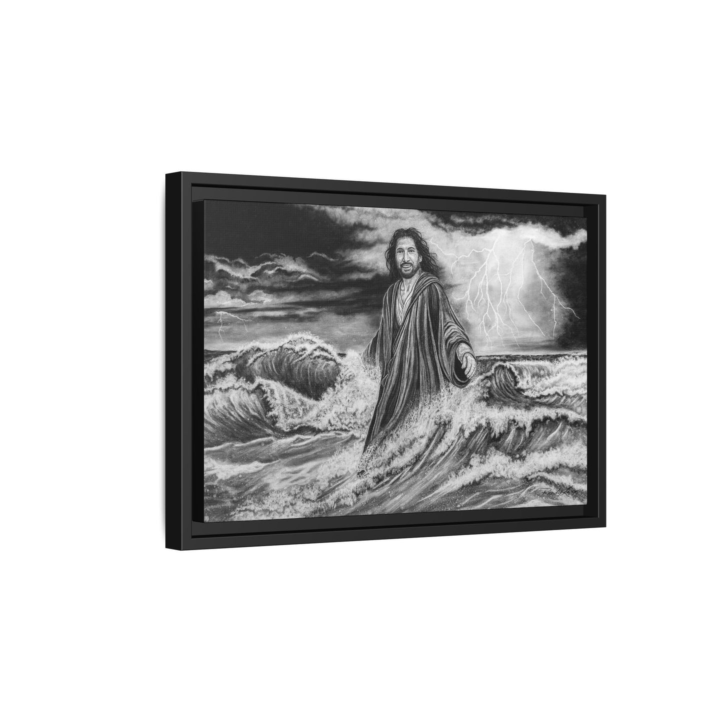 View from the Boat, Jesus Walking on Water Painting Framed Matte Canvas — Religious Wall Art